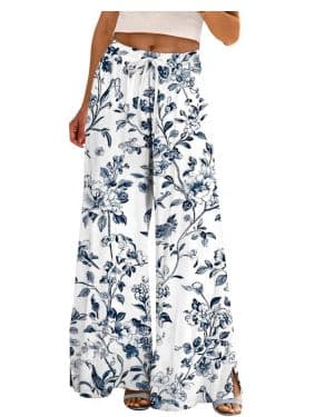 Generisch Pantalones de verano para mujer, ligeros, informales, Palazzo, elegantes, de cintura alta, holgados, con 2 bolsillos, flores