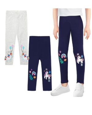 JinBei Leggings para Niñas Pack de 2 Tela de Algodón Transpirable Bordados Unicornios Rayas Pantalones Elegantes Niños Pantalones