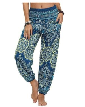 Nuofengkudu Mujer Pantalones Harem Tailandes Hippies Vintage Boho Flores Verano Alta Cintura Elastica Casual Danza