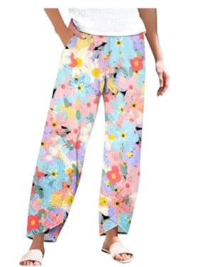 Pantalones 7 8 para mujer, de verano, ligeros, delgados, de lino, cintura elástica, pantalones de verano con flores, algodón y lino