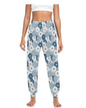 Pantalones de yoga para mujer, suaves, ligeros, color azul con margaritas, encantadores pantalones de descanso con bolsillos