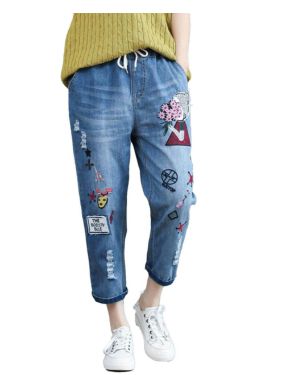 Pantalones vaqueros Boyfriend para mujer con flores, estilo harén, retro, cintura elástica, cordón, 7 8, pantalones casuales