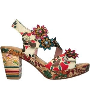 Sandalias de Tacón de Cuña con Cuña y Tacón de Bloque Nellao 33 de Laura Vita Para Mujer, de Piel con Flores Beige