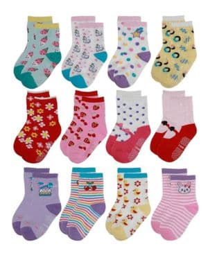 Yafane 12 Pares de Calcetines Antideslizantes para Niños Niñas Recien Nacido Unisex Pequeños Algodón Lindo con Puños Calcetines Antideslizantes para Bebés