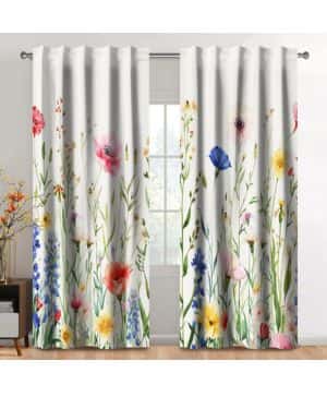 117x138cm cortinas florales de 2 paneles, color crema hierbas flores amarillas azules rosadas tallos draperías