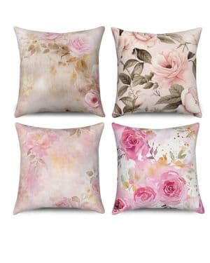 ASDCXZ Juego de 4 fundas de cojín con flores de 40 x 40 cm, diseño de primavera retro con flores rosas y hojas para sofá, funda de cojín lavable, poliéster, lino,