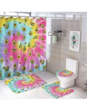 COALHO Juego de 4 piezas de decoración de baño con diseño de aguacate divertido, teñido anudado, colorido, arcoíris, lindo, fruta, aguacate, cortina de duch