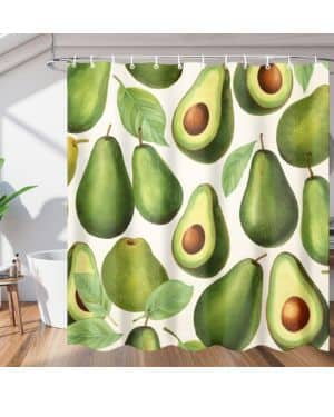 Cortina de ducha con ganchos, fondo blanco aguacate, tela de poliéster, impermeable, 183 x 183 cm, lavable a máquina, ideal para bañeras, baño, decoración d