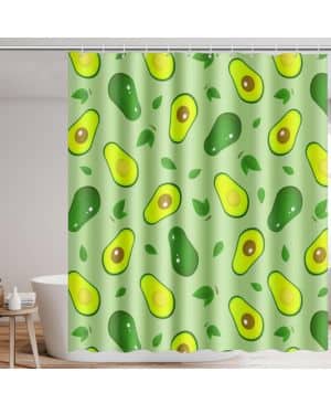 Cortina de ducha de aguacate, diseño de frutas por todo el mundo, tela impermeable, juego de cortinas de baño con 12 ganchos, color verde aguacate de 72 x 7