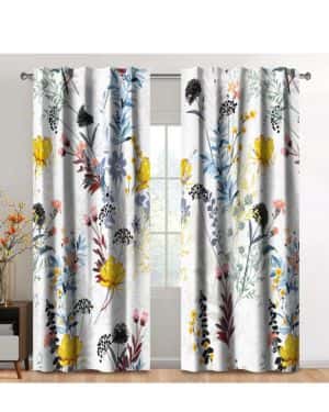 Cortinas Florales de 2 Paneles 140x229cm, diseño de Hierbas botánicas Blancas Flores Amarillas y Rosas y Azules