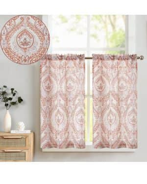 TOPICK Cortina de Cocina con Flores de Lino Vintage con Bolsillo para Varilla Translúcido Aptas para Cocina Salón