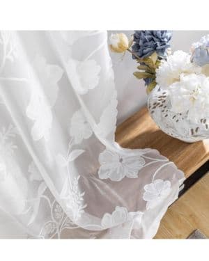 Treatmentex Visillos Cortina de Encaje Cortinas Blanco Translúcidas Florales de Habitacion Dormitorio Gasa con 8 Anillas Poliéster Elegante para Ventana Balco