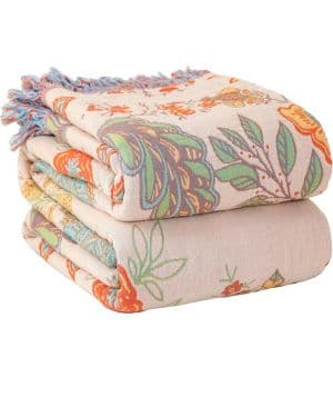 Wotcsil Manta Sofa de Algodón para Cama Colcha Sofa Floral Boho Plaid Manta Foulard Multiusos Jarapas para Sofas Cubrecama Verano Inverno (Verde Naranja con Borlas
