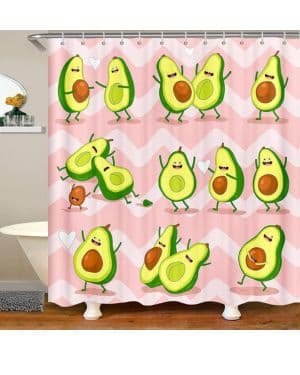 feelingyou Cortina de ducha de aguacate verde de dibujos animados para puestos de bañera, cortina de baño de tela impermeable con ganchos, 72 pulgadas de an
