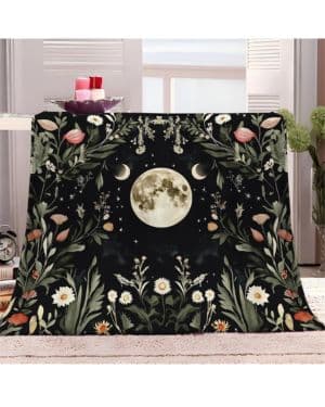 ilustración Acuarela Mantas para Sofa 100x150 cm Planta Flores Fase Lunar Mantas para Cama Microfibre Extra Suave, Manta para Infantil Hogar Viajar, Adecuada para