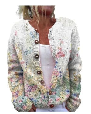 YIzdegg Cárdigan de punto para mujer con frente abierto con bordado de flores, manga larga, abrigo de punto, cuello en V