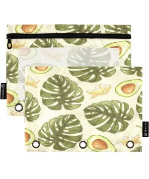 Estuche para lápices de 3 Anillas, Carpeta de Palma de Aguacate, Estuche con Cremallera Transparente para lápices