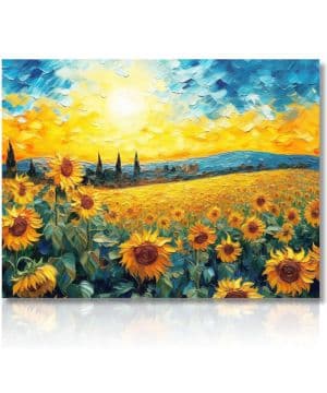 Dazzlewall Cuadro Decorativo de Pared Botanico Vintage, Cuadro al Oleo Girasol Amanecer Cielo Azul, Poster Rustico Estetico