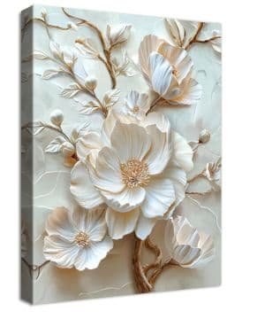HALFLEMART Marco de Madera Cuadros Modernos Flor de Peonía Blanca en 3D Cuadro Decorativos Lienzo Pintura Floral Beige Imagen Póster Cuadros Decoracion Salon Dormitorio