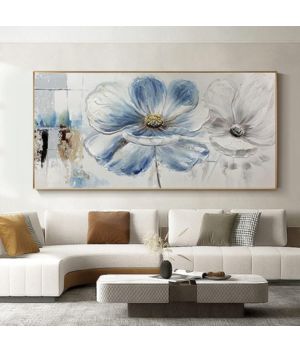 Pintura Al Oleo,Estilo Botánico Murales Blancos Azules Contemporáneos Pintados Con Textura De Flores Grandes