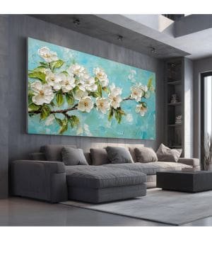 Pintura al óleo de plantas de flores, cuadros de lienzo para sala de estar y dormitorio, 80 x 120 cm, con marco, ramas de flores, impresión artística sobre lienzo