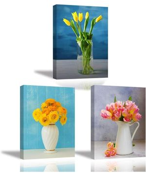 Cuadro sobre Lienzo, Cuadros de Flores de Tulipanes Amarillos Impresos en Lienzo, 3X Pintura con Marco