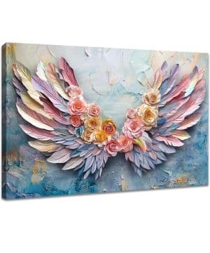 WENGTIAO 3D Rosa Alas de Ángel Lienzo Cuadro Enmarcado Alas de Colores y Flores Pintura Sobre Lienzos Cuadros decorativos