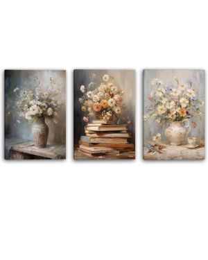 YunBey Set de 3 Cuadros de Óleo de Flores Vintage, Decoración Artística Mural con Tema de Flores y Libros