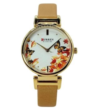 CURREN 9053. Reloj de Cuarzo para Mujer con Correa de Piel marrón. La Esfera Presenta Flores y Mariposas