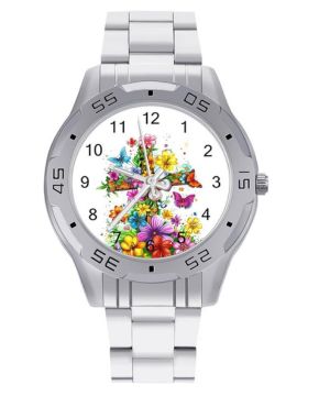 Faith-Cross - Reloj analógico de cuarzo para hombre, diseño de mariposas y flores, de acero inoxidable, para negocios