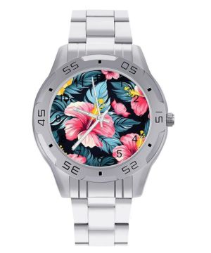 Reloj analógico de cuarzo para hombre, diseño de flores tropicales hawaianas, de acero inoxidable, para negocios