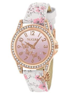 Tikkers Reloj de oro rosa con diseño de mariposa con estampado de flores NTK0029, Gris oro rosa, Kids, Estampado floral