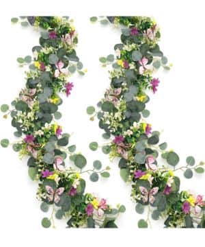 2 Piezas Guirnaldas de Flores Artificiales Decoracion, 5.68 pies Eucalipto Enredaderas Artificiales con Flores y Mariposa 3D