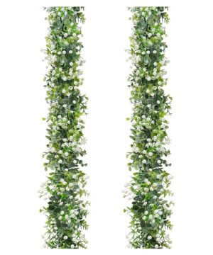 Guirnalda Artificial de eucalipto con Flores Blancas, Guirnalda de Flores Artificiales Planta Colgante