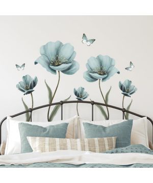 Tanlaby Grande Azul Flores Pegatinas de Pared Vintage Flores Adhesivos Vinilos Mariposas Flores Decorativos
