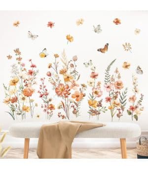 decalmile Pegatinas de Pared Flor Boho Vinilos Decorativos Flores Silvestres Mariposas Acuarela Adhesivos