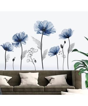 decalmile Pegatinas de Pared Flores Azul Vinilos Decorativos Flor Amapolas Plantas Adhesivos