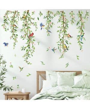 decalmile Pegatinas de Pared Hojas Verde Aves Vinilos Decorativos Plantas Colgantes Flores Pájaros Adhesivos