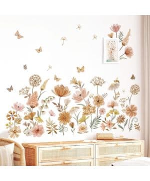 decalmile Pegatinas de Pared Jardín de Flores Boho Vinilos Decorativos Floral Diente de León Mariposas Pared Habitación Niña