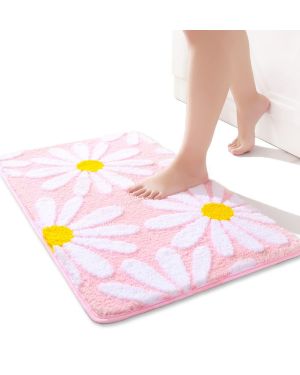 Alfombra de baño rosa con flores blancas de 50x80 cm, alfombrillas de baño antideslizantes