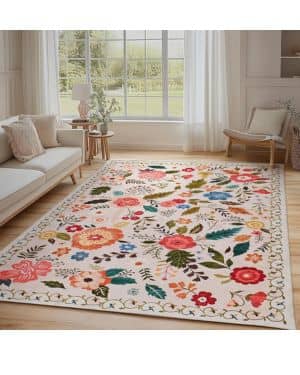 Alfombra de salón, 140 x 200 cm, estilo vintage floral, lavable y antideslizante, estampado plano, diseño ultrafino, ideal para dormitorios