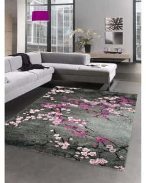 CARPETIA Alfombra DISEÑADOR Pelo Corto Flores Gris Rosa Größe 60x110 cm