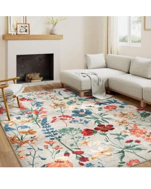 HUGEAR Alfombra para Sala Beige Antideslizante Lavables en Lavadora Tapetes Habitacion Comedor Cocina Exterior Moderno Flor Grande