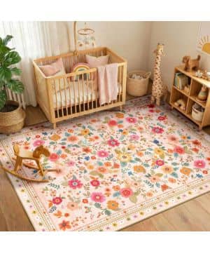 INOVADAY Alfombra Lavable 120x180 cm, Estilo Bohemio, Pelo Corto, Antideslizante, Diseño Estampado Floral, para Salón, Dormitorio