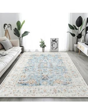 TOPICK Alfombra Azul para salón, Vintage, Flores, Alfombra Persa, Alfombra de Pelo Corto, Cocina, Dormitorio