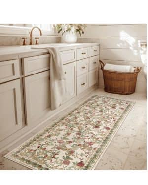 TOPICK Alfombra de pasillo lavable con flores, de pelo corto, vintage, rojo y verde, 60 x 210 cm, antibacteriana, plegable, antideslizante