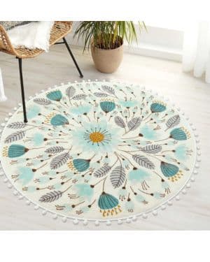 Uphome Alfombra redonda para dormitorio de 3 pies con pompones, flecos, flores, lavable, antideslizante, suave, para fregadero