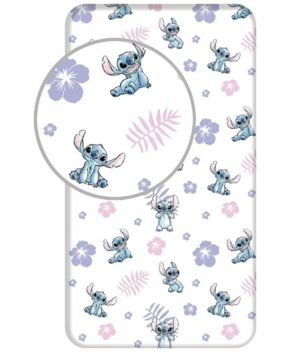 Disney Lilo y Stitch - Sábana bajera ajustable (90 x 200 + 25 cm, 100_ algodón), diseño de Stitch con flores