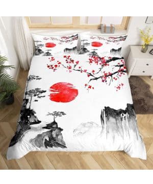 Juego de ropa de cama japonesa Ukiyoe con diseño de flores de cerezo, sol rojo, funda de edredón para niños, estilo exótico japonés, lino, ropa de cama de 3 pieza