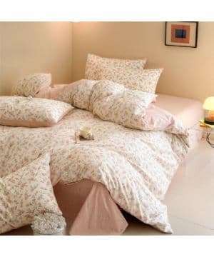 Lanqinglv Juego de sábanas 135x200 de algodón con flores rosas estéticas de plantas, reforzadas, algodón orgánico